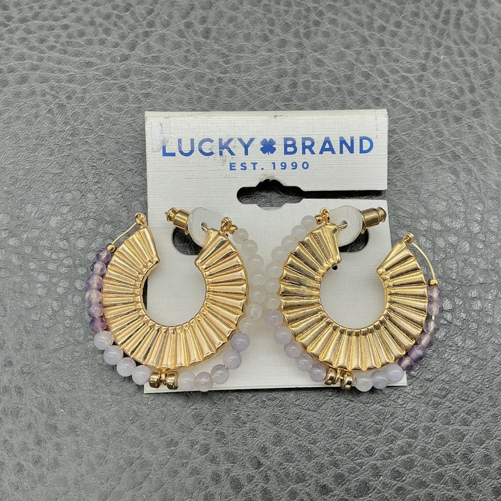 Lucky Brand Earrings Gold Tone Purple Beaded Hoop Womens Statement‎ Jewelry